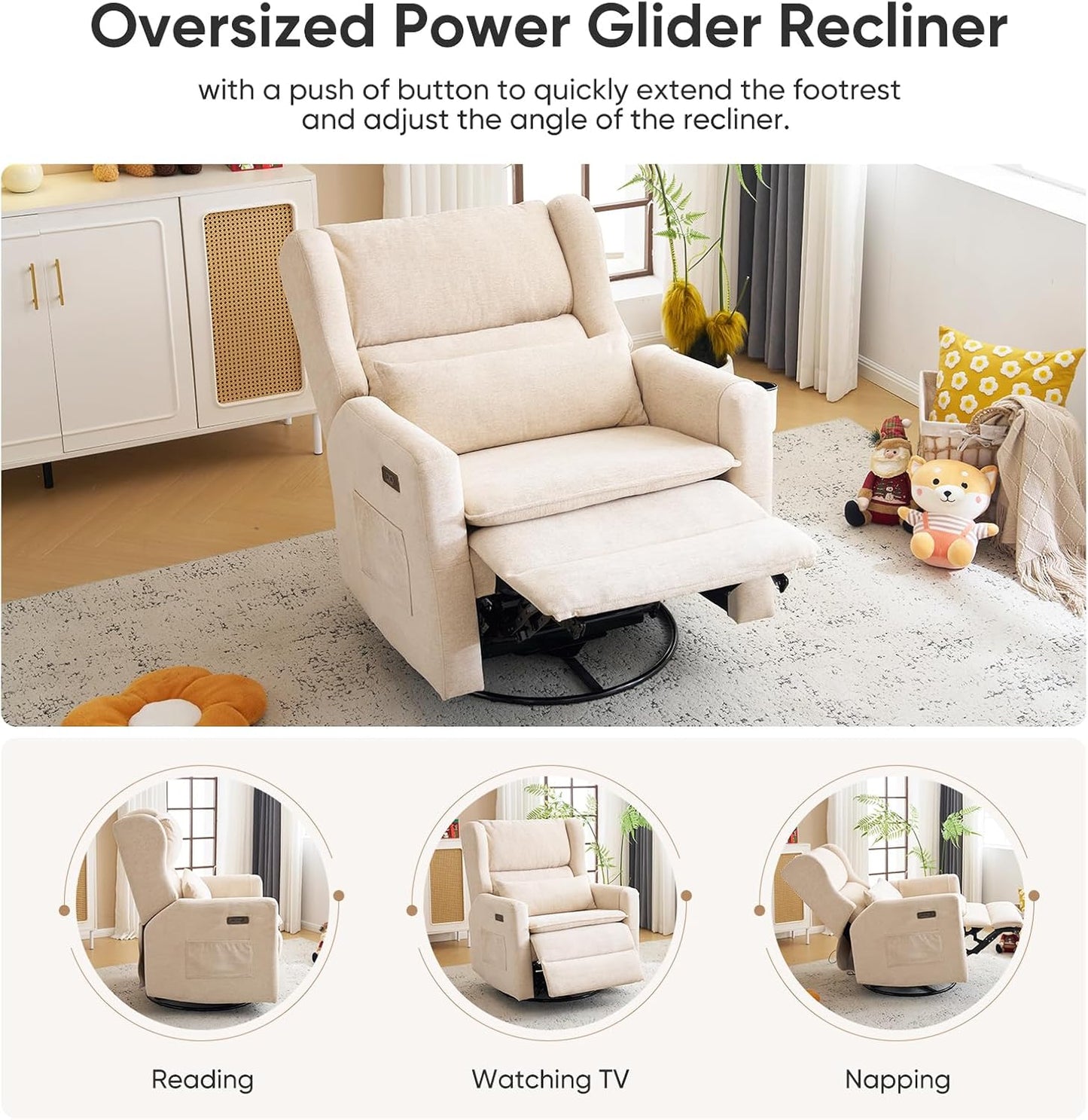 Large Glider Rocker Recliner,Rocking Chair Nursery with Adjustable Headrest,Swivel Rocker Recliner with Lumbar Support,Manual Nursery Rocker Recliner for Living Room& Bedroom,Chenille White
