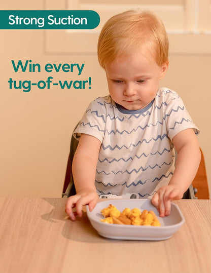 BABELIO Powerful Suction Plates for Baby and Toddler, 100% Food Grand Silicone, Divided, BPA Free, Microwave & Dishwasher Safe, Stay Put, 3 Pack