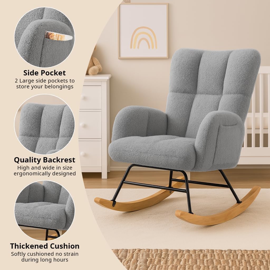 COMHOMA Nursery Rocking Chair with Ottoman,Teddy Glider Rocking Chair,Accent Chair with High Backrest Reading Chair for Adult,Nursery,Bedroom,Living Room,Offices(Beige with Ottoman)