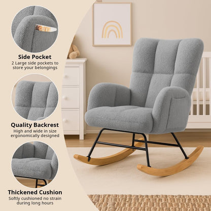 COMHOMA Nursery Rocking Chair with Ottoman,Teddy Glider Rocking Chair,Accent Chair with High Backrest Reading Chair for Adult,Nursery,Bedroom,Living Room,Offices(Beige with Ottoman)