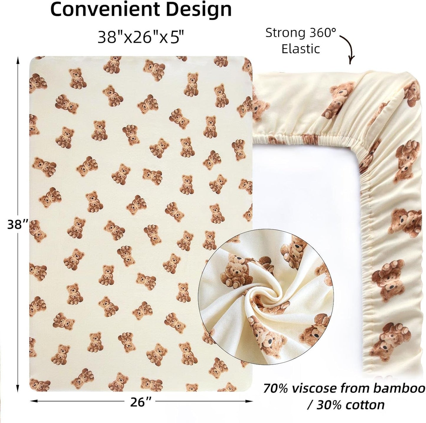 LifeTree Crib Sheets for Baby Unisex - Muslin Fitted Crib Sheets Toddler Bed Sheet, 70% Viscose from Bamboo and 30% Cotton, Fits Mini Crib & Pack and Play Playard, Bear, 26in x 38in