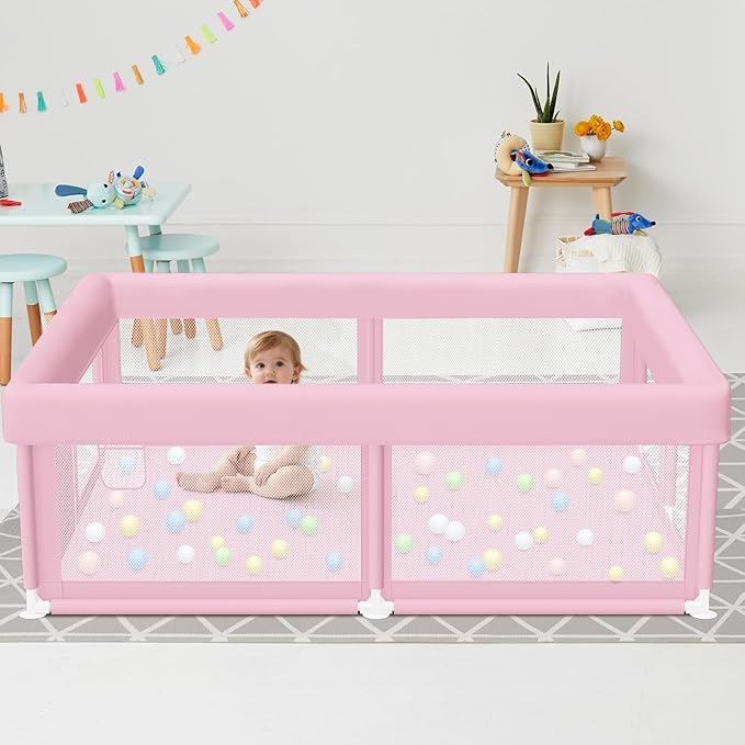 Hiaksedt Large Baby Playpen 50"x50" Baby Girl Play Pen for Babies and Toddlers, Safe Structure and Soft, Skin-Friendly Fabric with Zipper Gates Pink