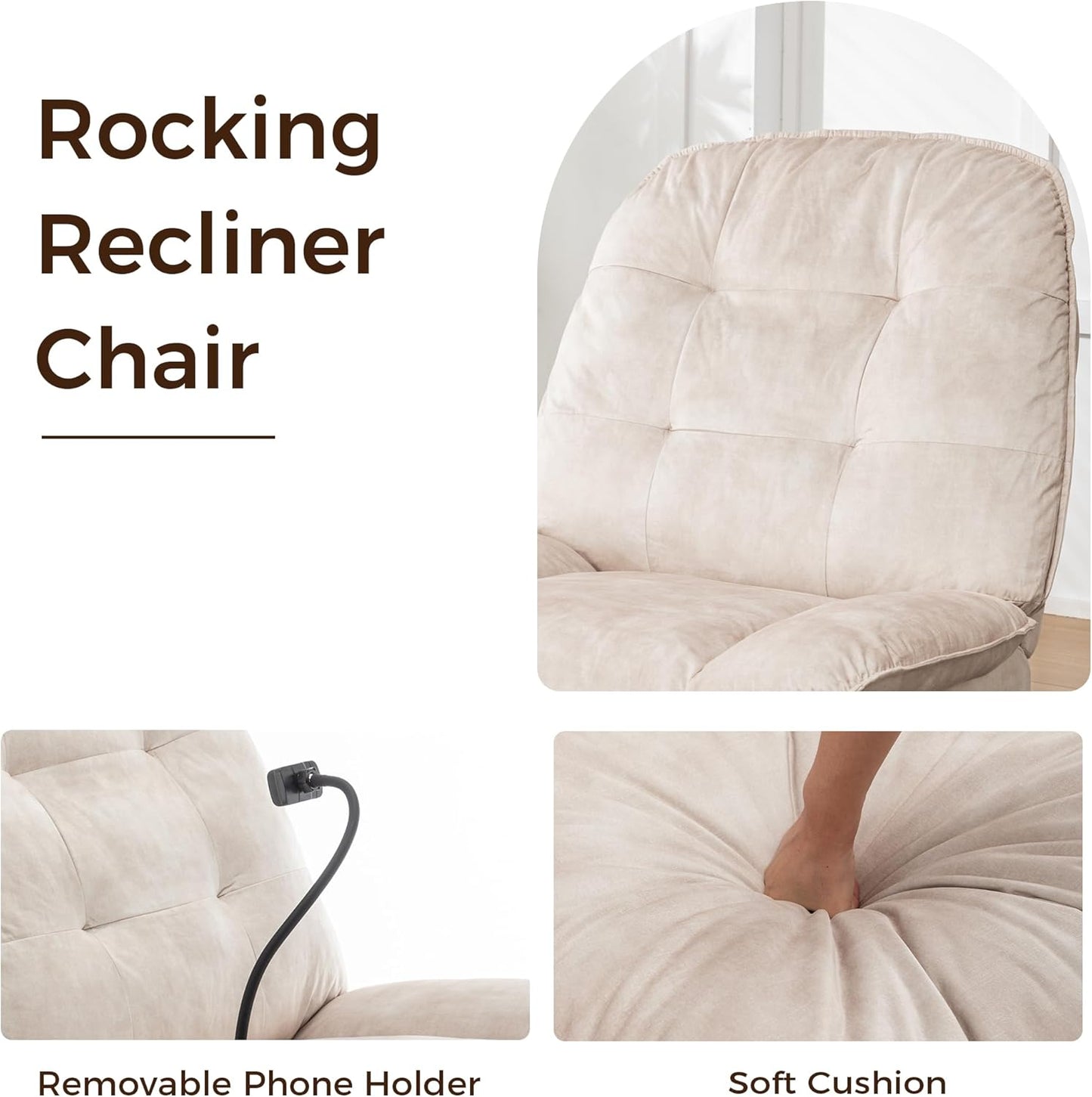 Swivel Rocker Recliner Chair for Adult, Glider Nursery Rocking Chair, Armless Manual Single Recliner Sofa for Living Room, Oversized & Overstuffed, Phone Holder Included, Light Brown Velvet