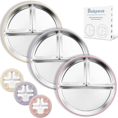 Bakpoco Stainless Steel Toddler Plate with Suction, 9” Divided Plates with Removable Silicone Sleeves for Kids, Non Toxic & BPA Free | Non Slip | Unbreakable Baby Snack Dishes Set of 2, Blue & Gray