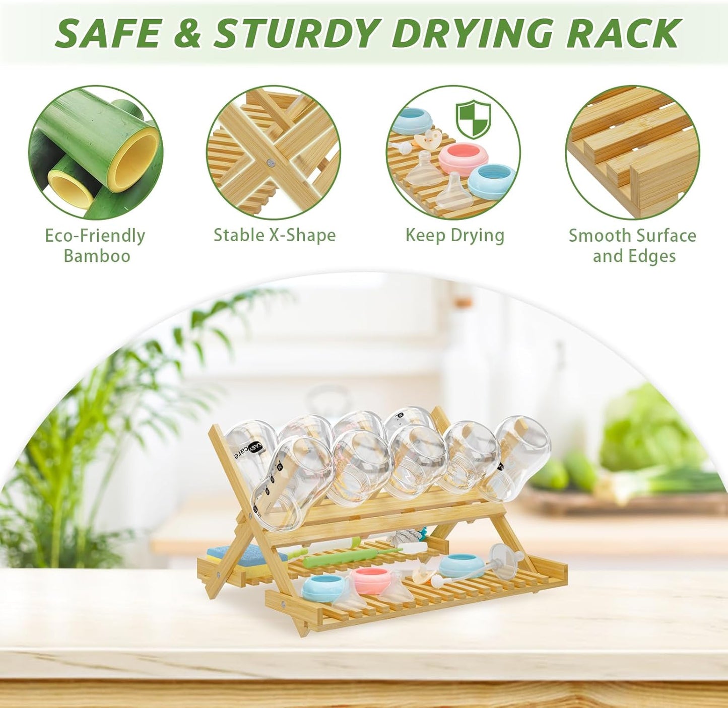 DSVENROLY Baby Bottle Drying Rack Foldable Vertical Bamboo Milk Bottle and Accessories Organizer for Busy Parents, Maximizes Space, Quick Drying, Easy Cleanup & Storage (Bamboo)