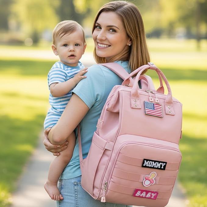 Diaper Bag Backpack for Dad and Mom with USB Charging Port Stroller Straps and Insulated Pocket,army military Travel Nappy Backpack for Daddy/Mommy (Pink)