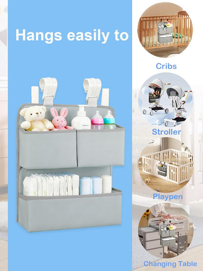 Hanging Diaper Organizer for Bassinet/Crib/Playpen/Playard – Hold 80+ Diapers - Changing Table Diaper Holder Attachment Accessories- Diaper Stacker Nursery Caddy Organizer (Gray)