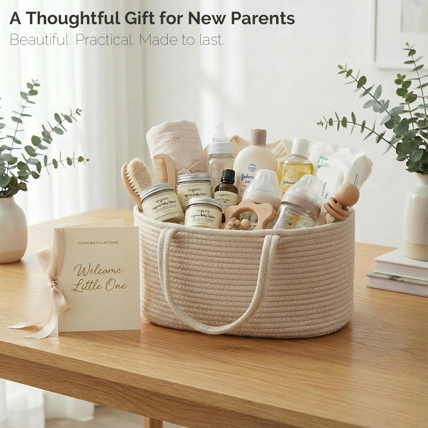 luxury little Diaper Caddy Organizer, Large Cotton Rope Nursery Baby Basket, Changing Table Organizer for Baby Diaper Storage, Portable Car Organizer Removable Divider (Off White, Large)