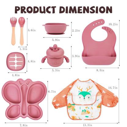 Silicone Baby Feeding Set, Baby Led Weaning Supplies, Baby Food Tableware Silicone Suction Plate, Bowl, Spoons, Fork, Waterproof Bib, Cup & Complementary Food Cake Mold, Baby Eating Utensils