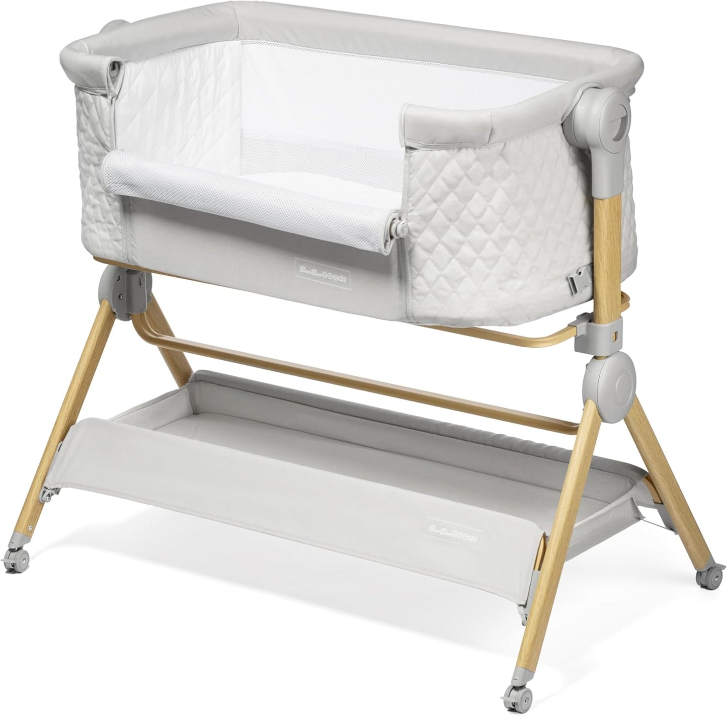 BaeBae Goods 3 in 1 Baby Bassinet with Wheels, Portable Bedside Sleeper for Baby 3 Adjustable Heights & Foam Mattress, Bedside Crib for Newborns & Infants with Storage Basket, Carry Bag Included