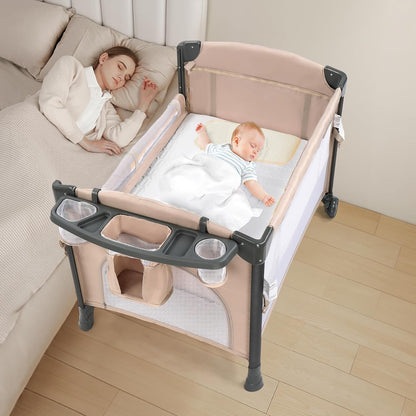 JOYMOR Twin Bassinet for Baby, Beige Bedside Bassinet, Convertible to Bedside Sleeper and Playpen, with Wheel, Brake, Foldable Side Sleeper,Beige