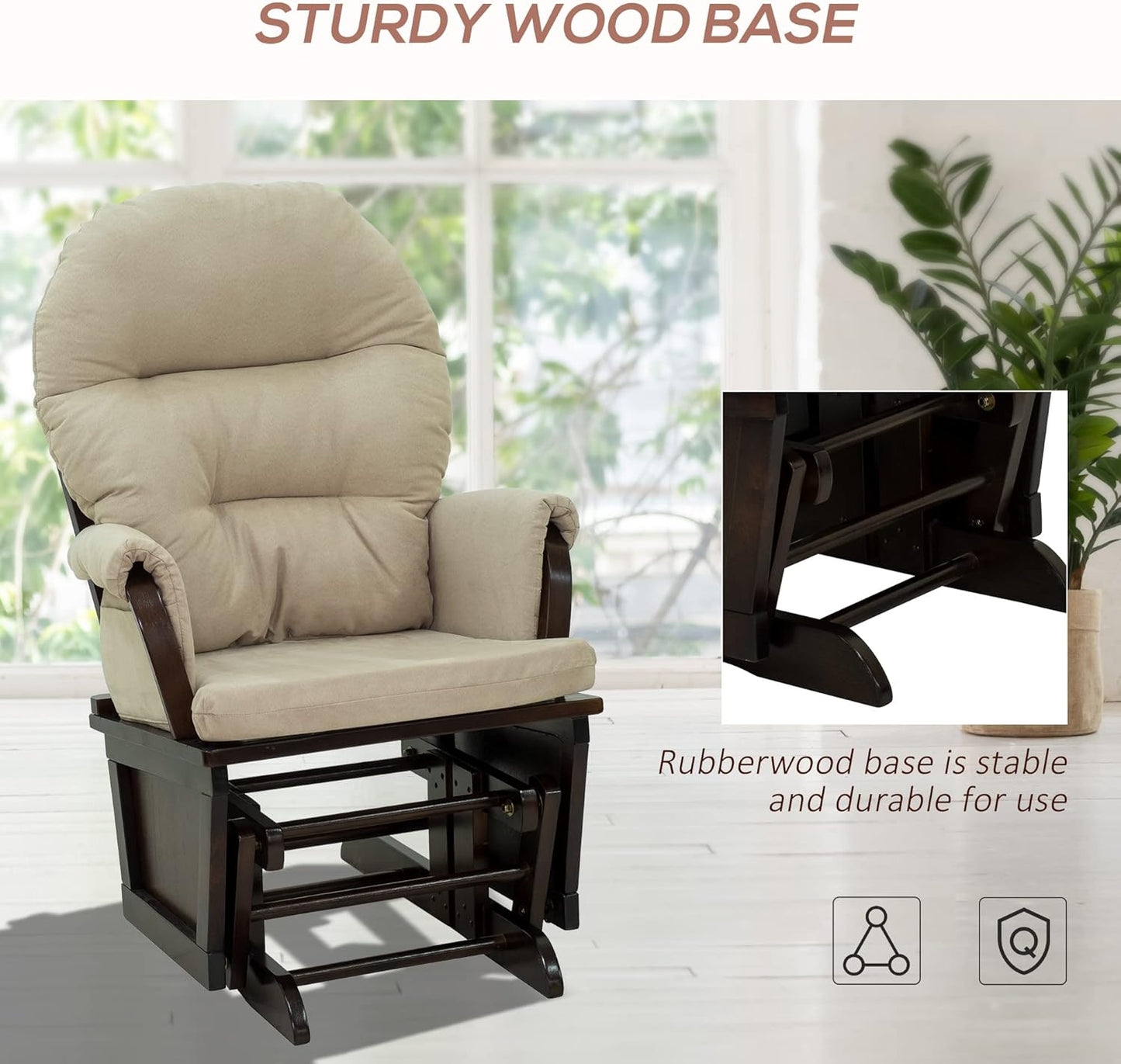 HOMCOM Nursery Glider Rocking Chair with Ottoman, Thick Padded Cushion Seating and Wood Base, Cream White