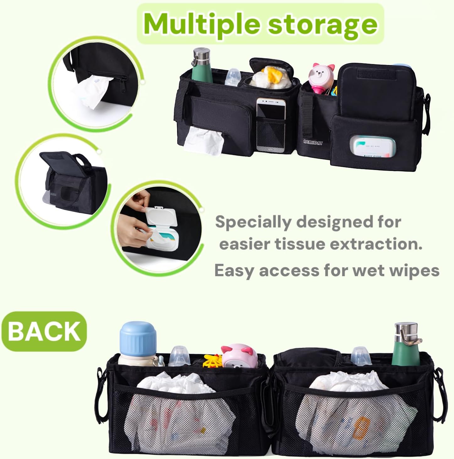 Double Stroller Organizer Compatible with BOB Duallie and Baby Jogger City Mini GT2 Double Stroller, Double Baby Stroller Accessories with 2 Cooler Pockets , Black(Empty Bag)