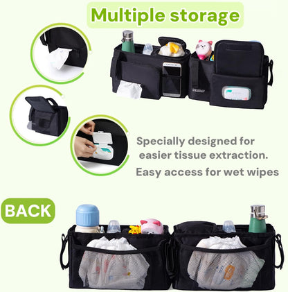 Double Stroller Organizer Compatible with BOB Duallie and Baby Jogger City Mini GT2 Double Stroller, Double Baby Stroller Accessories with 2 Cooler Pockets , Black(Empty Bag)