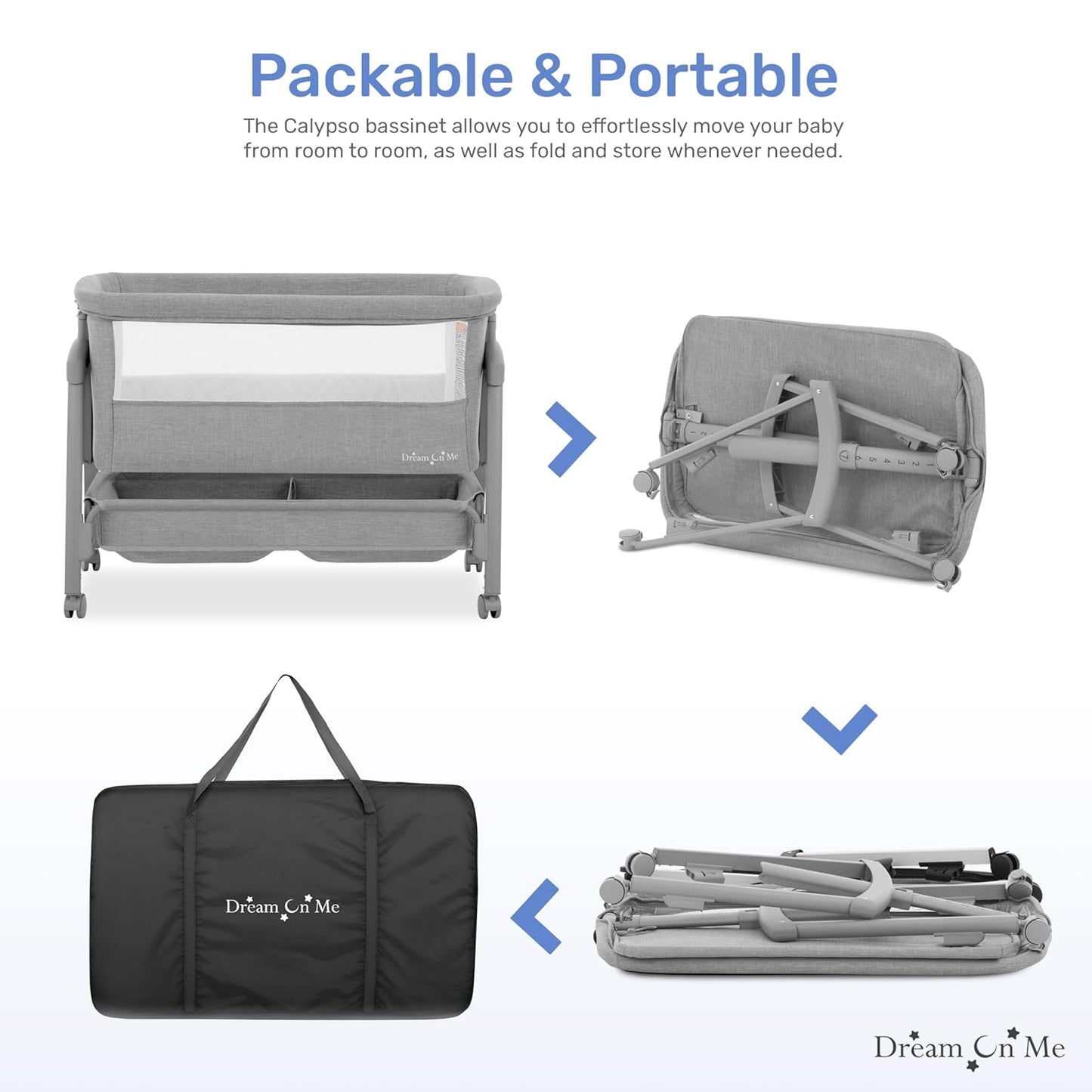 Dream On Me Calypso Portable Bassinet with Wheels, Adjustable Height Bedside Sleeper, Foldable Baby Bassinet with Breathable Mesh Sides, Foam Mattress, Easy Mobility & Travel-Friendly Design - Black