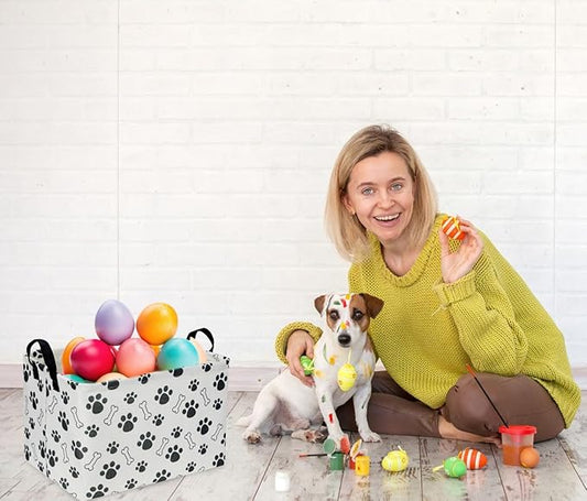 Rectangular Dog Basket,Dog Toy Bin,Dog Storage Basket Organizer.Waterproof PE Coating Puppy Storage Bin with Handles.Dog room decor,Dog Toys,Books,Kid's Gifts basket. (Dog Paw)