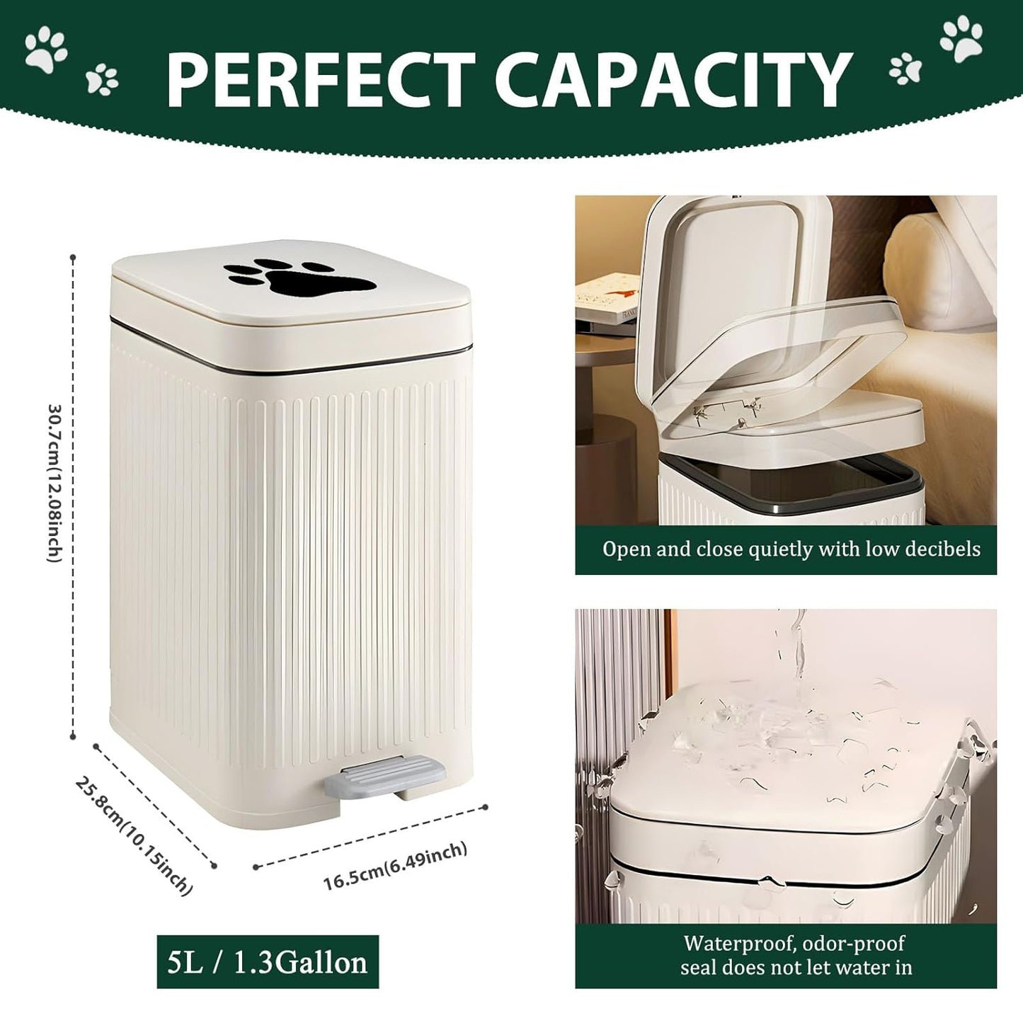 Dog Poop Trash Can Outside, 5L/1.3 Gal Pet Poop Bucket with Lid, Foot Pedal, Dog Waste Container with 40 Bags, Lid Soft Close for Pet, White