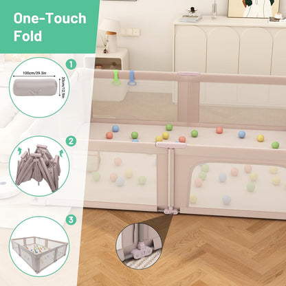 Foldable Playpen for Babies and Toddlers, 51" Portable Play Pen with Mat and Ocean Balls, Play Yard with with Visible Mesh for Inddor and Outdoor, No Assembly Required, Dark Gray