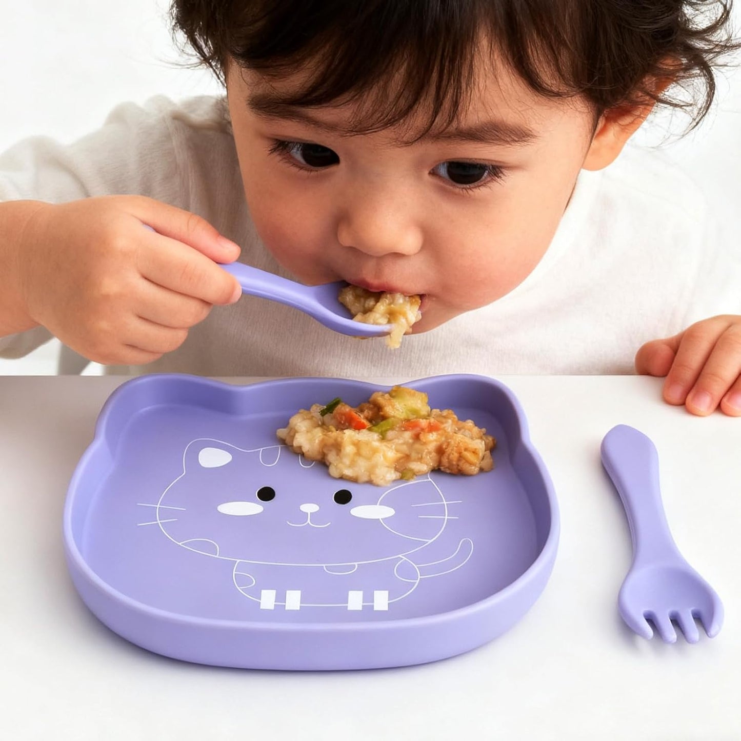 BabyX Baby Silicone Feeder Set, 3-pcs Butterfly-themed Baby Bowl with Suction, Spoon and Fork for Babies Toddler Kids, BPA-Free, Baby Utensils Feeding Supplies, Microwave and Dishwasher Safe