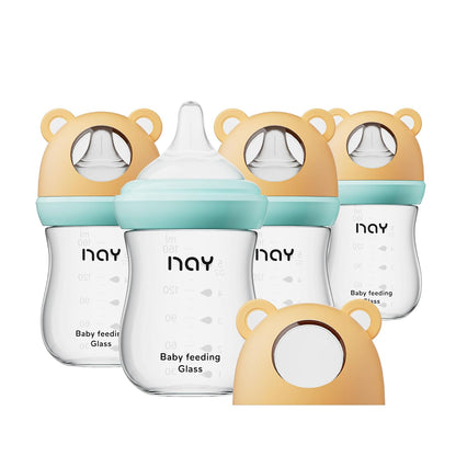 yanyoyo Natural Glass Baby Bottle for Breastfeeding Babies, 5.4oz Anti-Colic Baby Bottle with Natural Response Nipple(S), Clear, Wide Neck, 2 Pack, 1 Months+
