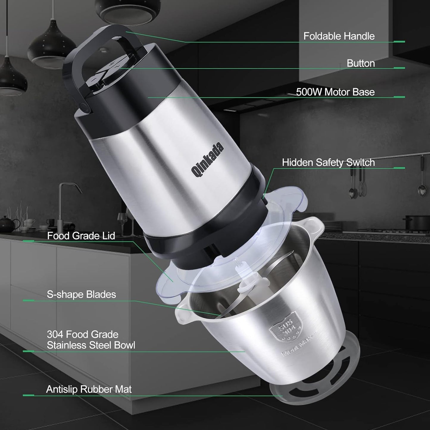 Qinkada Food Processor, 500W Powerful Meat Grinder, 14Cup Stainless Steel Bowl, 3 Speed Modes 4 Bi-Level Blades for Onion, Meat, Nuts, Fruit, Garlic, Vegetable, Baby Food