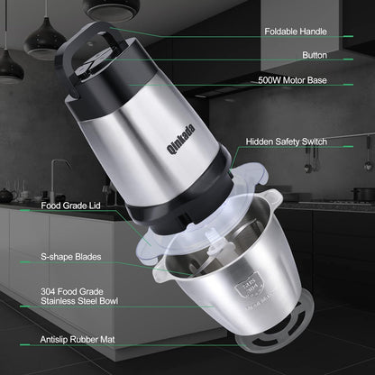 Qinkada Food Processor, 500W Powerful Meat Grinder, 14Cup Stainless Steel Bowl, 3 Speed Modes 4 Bi-Level Blades for Onion, Meat, Nuts, Fruit, Garlic, Vegetable, Baby Food