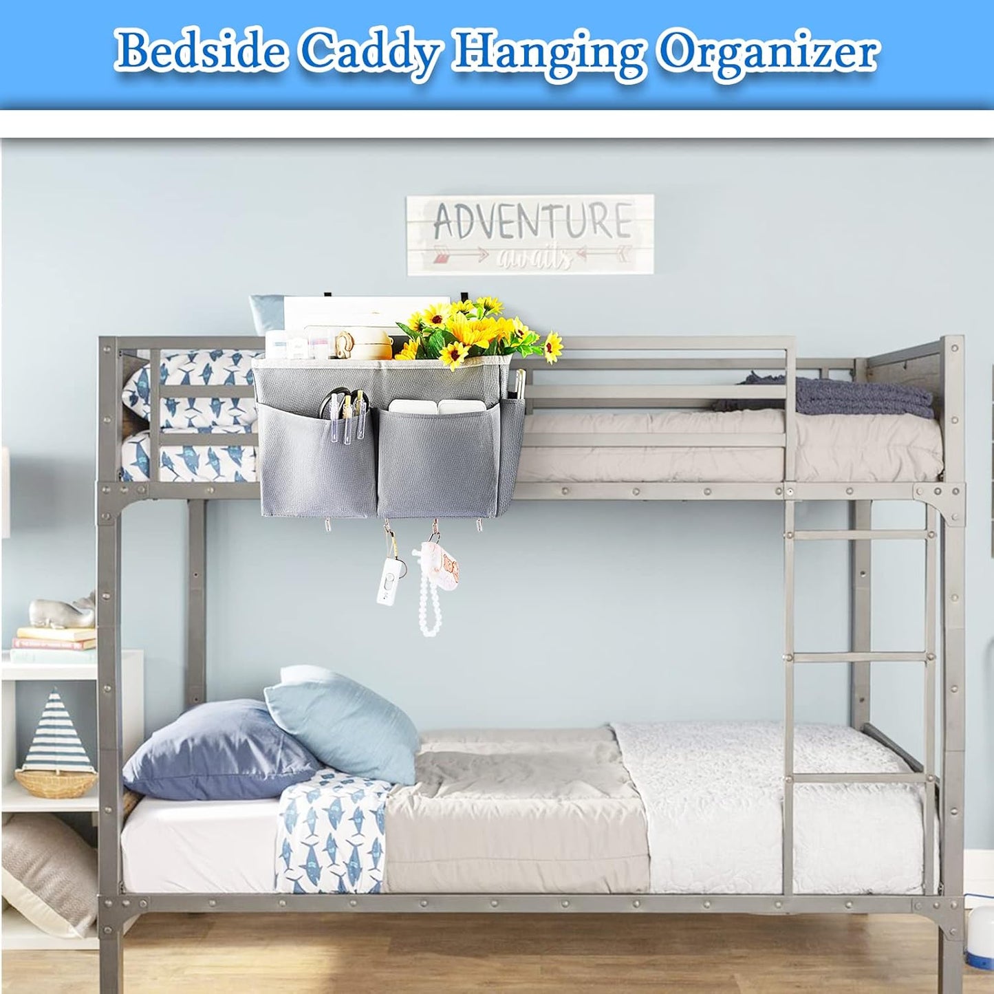 Bedside Storage Organizer 5 Pockets with 4 Hooks Hanging Storage Bag for Headboards/Bunk Bed (Pink)