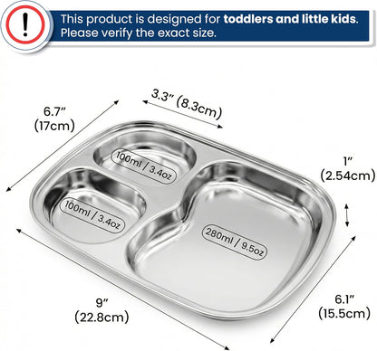 Stainless Steel Divided Toddler Plates with Dual Suction, Premium Korean 304 Steel, Electro-Polished, No Black Residue, Baby & Little Kids Food Tray Feeding Set – 2 Plates + 2 Bases (Sage & Sand)