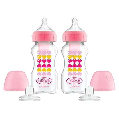 Dr. Brown's Anti-Colic Options+ Wide-Neck Sippy Bottle Starter Kit, 9oz/270mL, with Level 3 Medium-Fast Flow Nipple and Soft 100% Silicone Sippy Spout, Green, BPA-Free, 6m+, 2-Pack