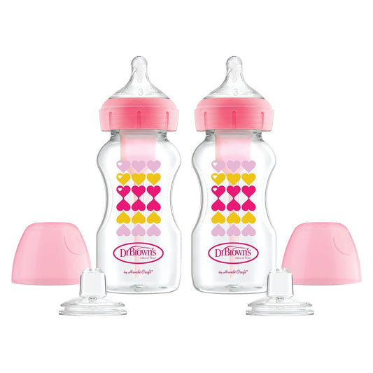 Dr. Brown's Anti-Colic Options+ Wide-Neck Sippy Bottle Starter Kit, 9oz/270mL, with Level 3 Medium-Fast Flow Nipple and Soft 100% Silicone Sippy Spout, Green, BPA-Free, 6m+, 2-Pack