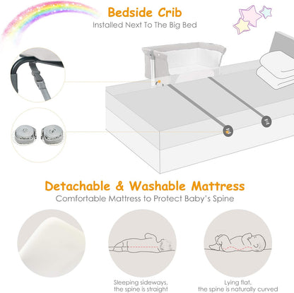 BABY JOY Baby Bedside Crib, Portable Travel Sleeper Bed Side Bassinet w/Carrying Bag, Newborn Bassinet to Infant, Kids Crib with Detachable Mattress, Height Adjustable Design, Breathable Mesh, Grey