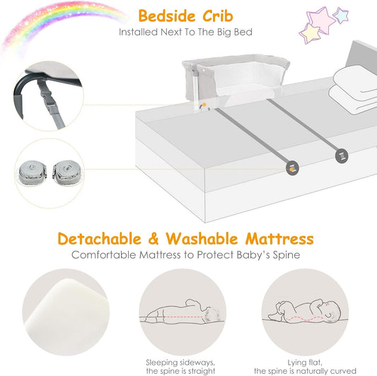 BABY JOY Baby Bedside Crib, Portable Travel Sleeper Bed Side Bassinet w/Carrying Bag, Newborn Bassinet to Infant, Kids Crib with Detachable Mattress, Height Adjustable Design, Breathable Mesh, Grey