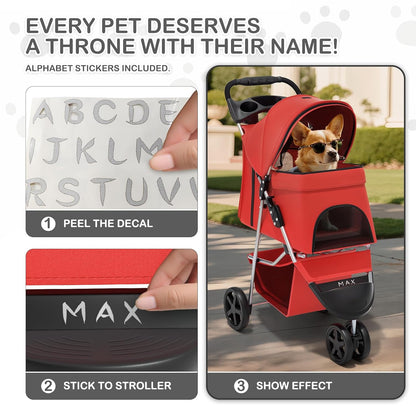 MoNiBloom Foldable Pet Stroller with Weather Cover, 3 Wheels Pet Strolling Cart for Small/Medium Dogs and Cats with Storage Basket and Cup Holder, Breathable and Visible Mesh for All-Season, Black