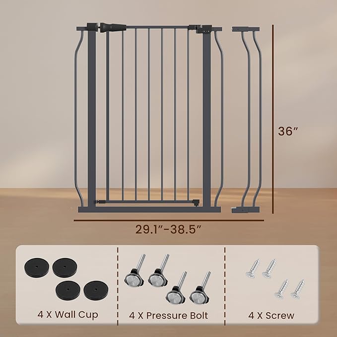 ELEVON Baby Gate for Stairs Doorways, 29.1–38.5" Extra Wide 36” Tall Dog Gate with Auto-Close, Pressure Mounted Walk Through Pet Gate, Graphite