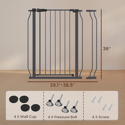 ELEVON Baby Gate for Stairs Doorways, 29.1–38.5" Extra Wide 36” Tall Dog Gate with Auto-Close, Pressure Mounted Walk Through Pet Gate, Graphite