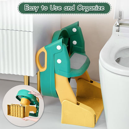 3 in 1 Toddler Potty Training Seat Chair with Ladder and Basin for Boys and Girls, Adjustable Kids Potty Training Seat for Toilet with Anti-Slip Wide Steps and Safety Handles (Green)