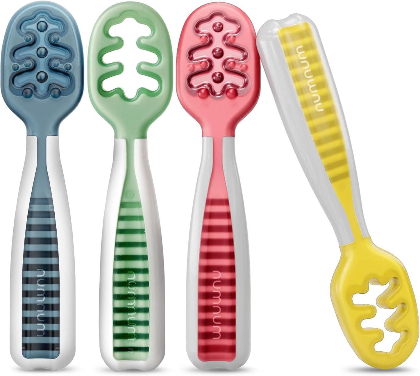 NumNum Baby Spoons Set, Baby Essentials Pre-Spoon GOOtensils for 6+ Months, First Stage Self-Feeding Spoons for Baby Led Weaning (BLW), Silicone Toddler Utensils, BPA-Free, 2 Pack Gray/Green