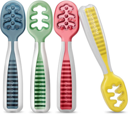 NumNum Baby Spoons Set, Baby Essentials Pre-Spoon GOOtensils for 6+ Months, First Stage Self-Feeding Spoons for Baby Led Weaning (BLW), Silicone Toddler Utensils, BPA-Free, 2 Pack Gray/Green