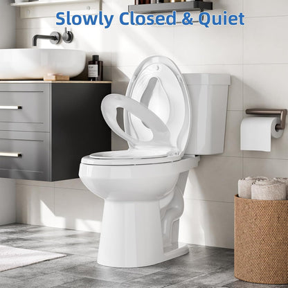 17" White Round Toilet Seat for Adult and Child, Built-In Potty Training Seat with Soft Quiet Close Non-Slip Design, Magnetic Kids Seat and Cover for Round/Oval Toilets, Easy to Install and Clean