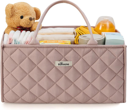 SUNVENO Quilted Diaper Caddy Organizer, Soft Padded Baby Diaper Caddy with Removable Dividers, Large Nursery Storage Basket for Diapers, Wipes and Baby Essentials, Portable Nursery Organizer, Brown