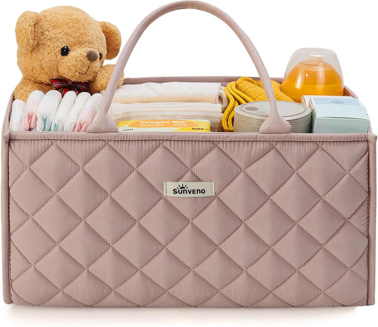 SUNVENO Quilted Diaper Caddy Organizer, Soft Padded Baby Diaper Caddy with Removable Dividers, Large Nursery Storage Basket for Diapers, Wipes and Baby Essentials, Portable Nursery Organizer, Brown