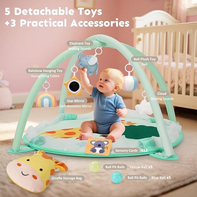 7-in-1 XL Large Baby Play Gym Mat, Tummy Time Mat, Baby Gym & Ball Pit, Baby Activity Mat with Milestone Cards & 6 Detachable Toys for Sensory Motor Skill, Giraffe
