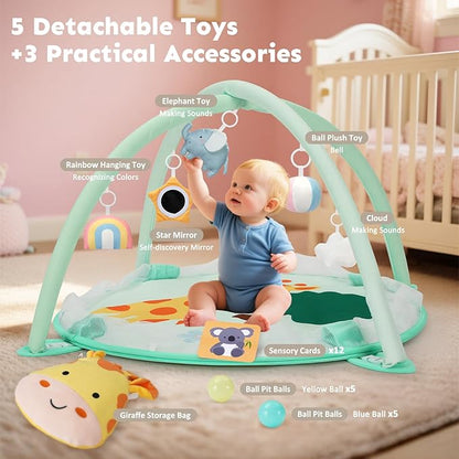 7-in-1 XL Large Baby Play Gym Mat, Tummy Time Mat, Baby Gym & Ball Pit, Baby Activity Mat with Milestone Cards & 6 Detachable Toys for Sensory Motor Skill, Giraffe