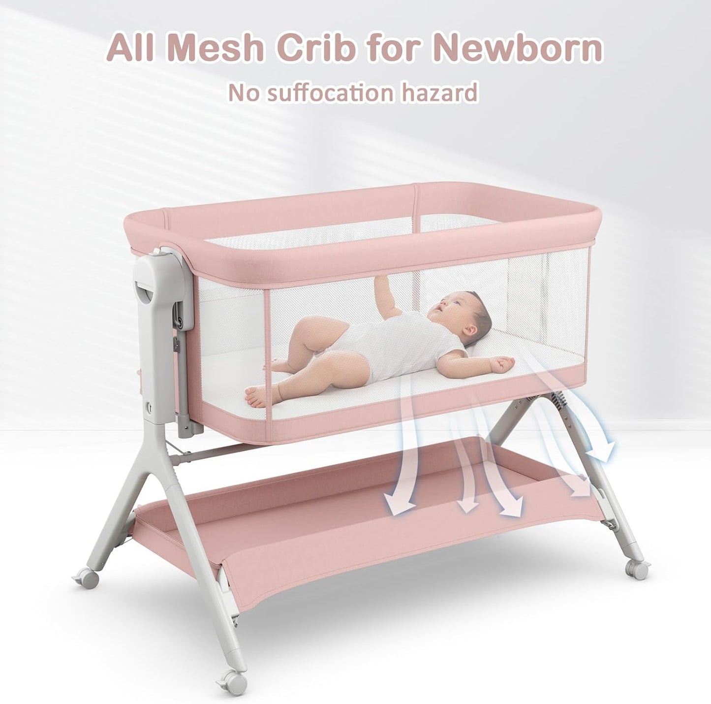 INFANS 5 in 1 Baby Bassinet, Upgraded Rocking Bedside Sleeper with Wheels, Storage Basket, Travel Bag, Mosquito Net, Height Adjustable, Portable All Mesh Crib for Newborn/Infant (Pink)