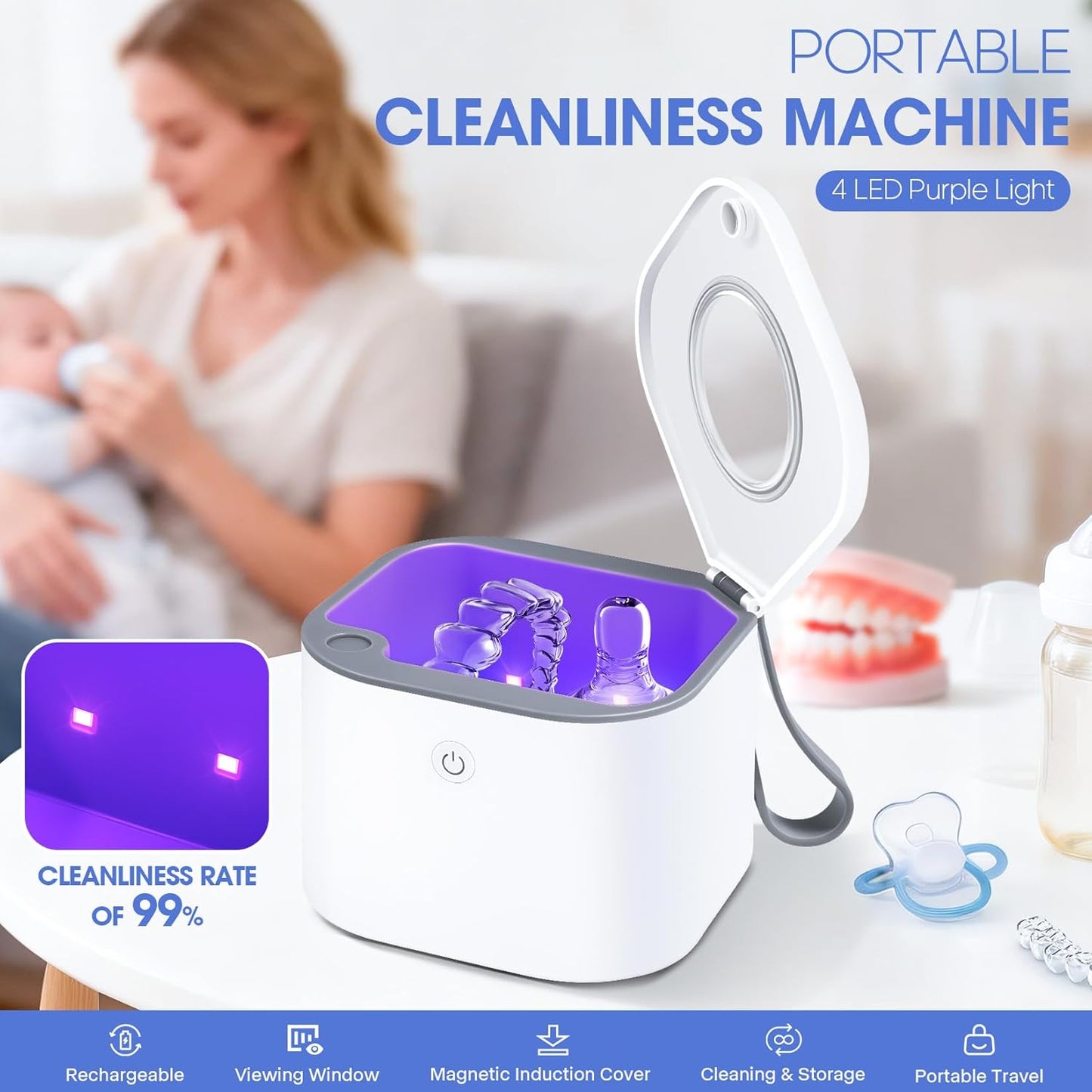 Pacifier Sterilizer Box, Portable Cleaning Pod for Baby Pacifiers, Bottle Nipples, Teethers, Mouth Guards, Braces and Jewelry