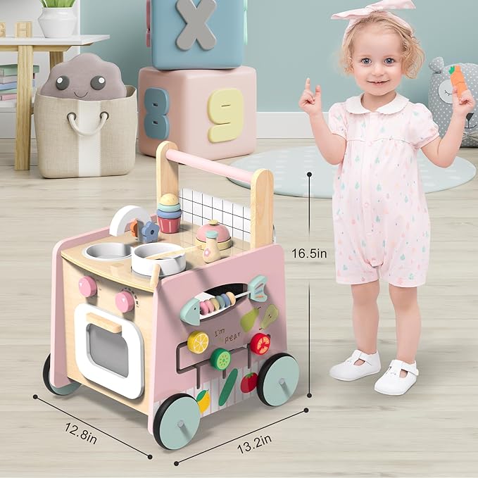 wiqins Wooden Baby Walker 9-in-1 Activity Center with Toddlers Montessori Sensory Toys and Play Kitchen Push Walker for Kids with Wheels and Storage Space, Ideal Gift for Girls Boys Ages 6-36 Month