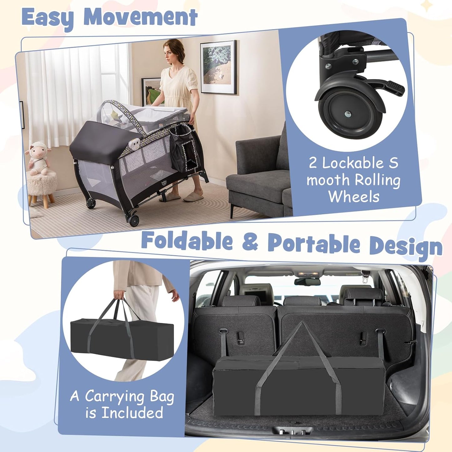 HONEY JOY Pack and Play with Bassinet, 4-in-1 Portable Baby Playard with Changing Table, Net & Cute Toys, Diaper Storage Bag, Music Box, Wheels with Brake, Foldable Newborn Play Yard w/Carry Bag