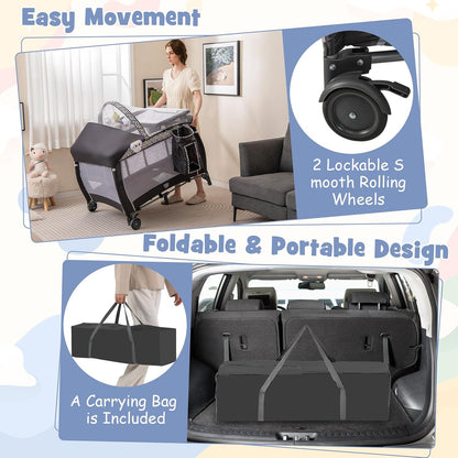 HONEY JOY Pack and Play with Bassinet, 4-in-1 Portable Baby Playard with Changing Table, Net & Cute Toys, Diaper Storage Bag, Music Box, Wheels with Brake, Foldable Newborn Play Yard w/Carry Bag