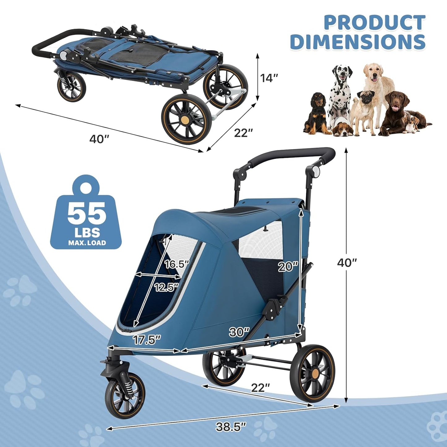 Magshion Compact Pet Stroller for Small-Medium Dogs/Cats up to 22lbs, 4-Wheel Lightweight Umbrella Shaped Portable Puppy Travel Jogger with Breathable Mesh, Cup Holder & Rear Storage, Black