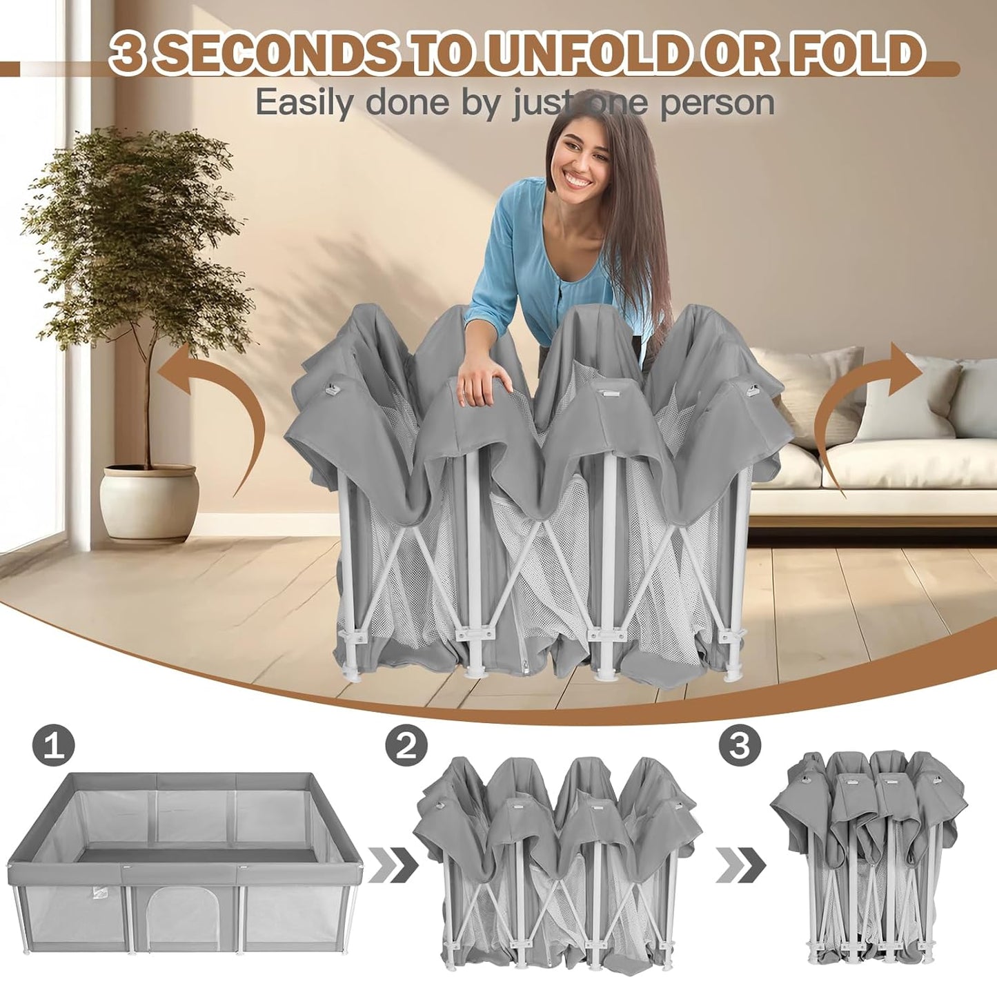 Foldable Baby Playpen 50"×50", Playard for Babies and Toddlers, Portable Safety Baby Fence Lightweight,No Installation, Indoor & Outdoor Playpen with Ocean Balls*50, Grey
